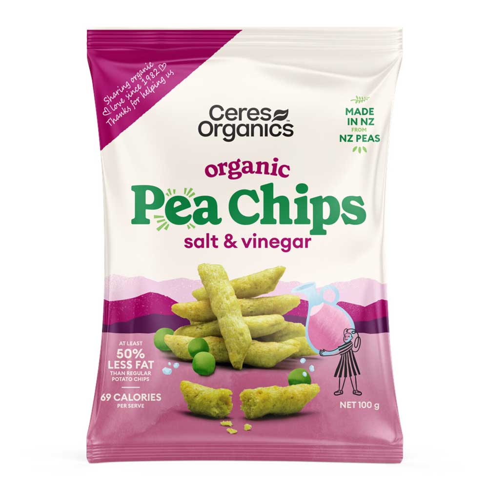 Ceres Organics organic pea chips salt & vinegar packaging on a white background