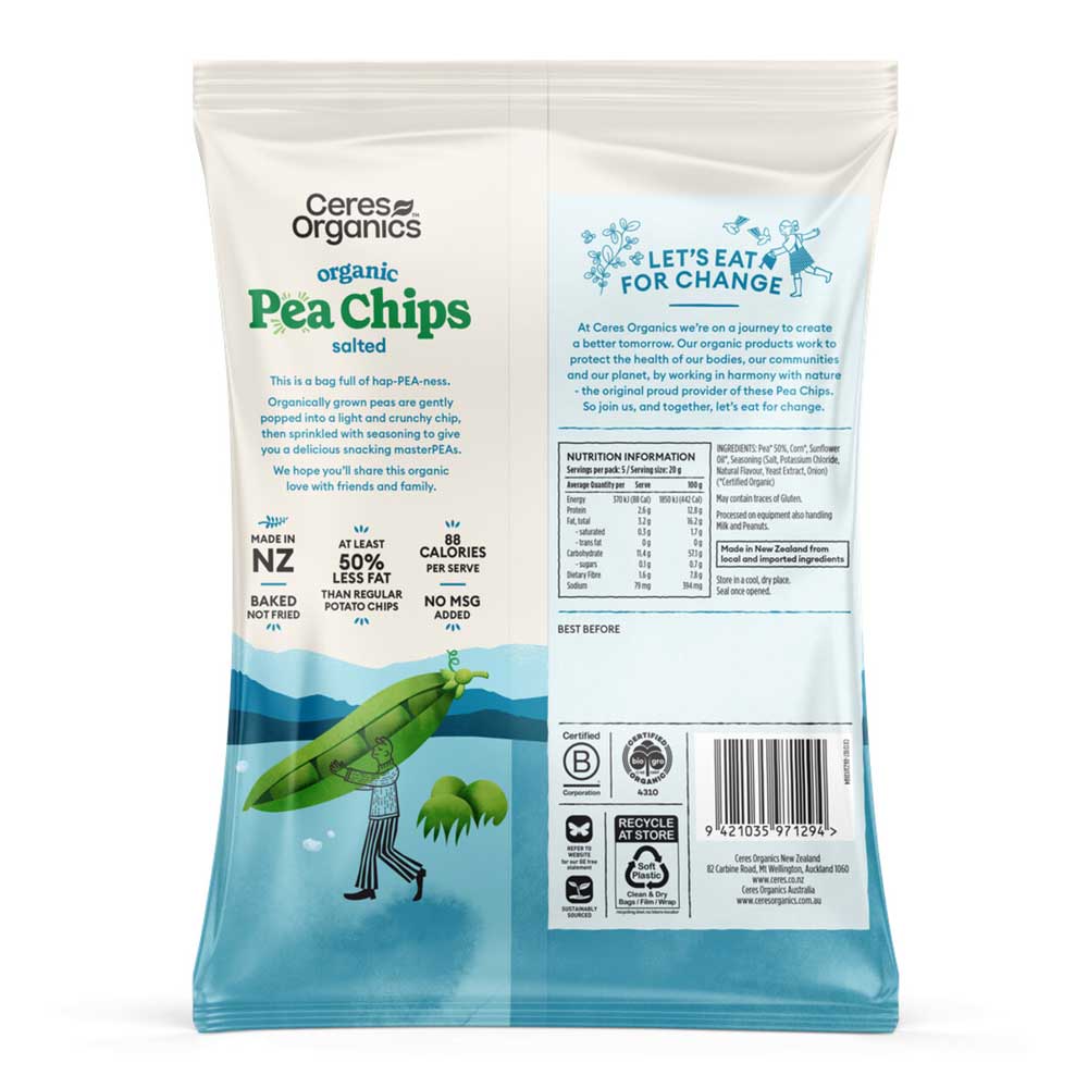 Ceres Organics pea chips salted packaging with branding and product details.