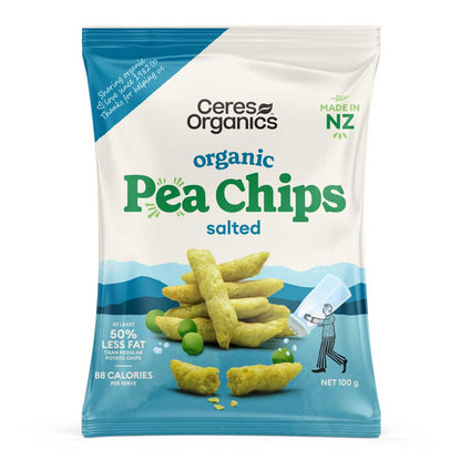 Packaging of Ceres Organics organic pea chips salted on a white background