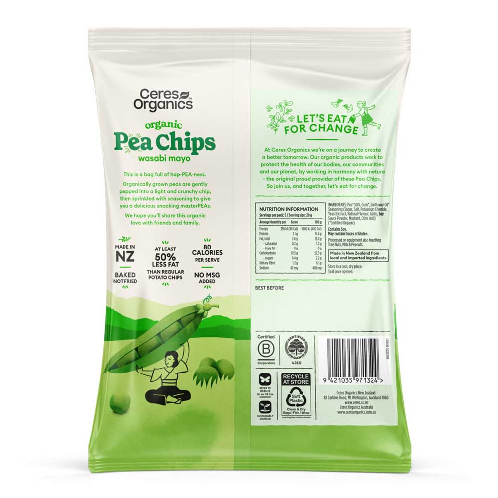 Ceres Organics pea chips wasabi mayo packaging with green and white design