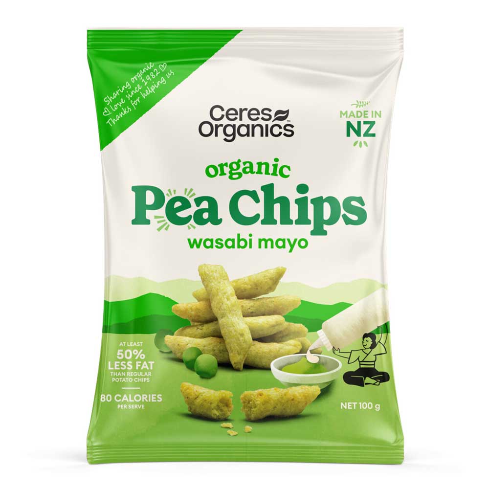 Packaging of Ceres Organics organic pea chips wasabi mayo on a white background