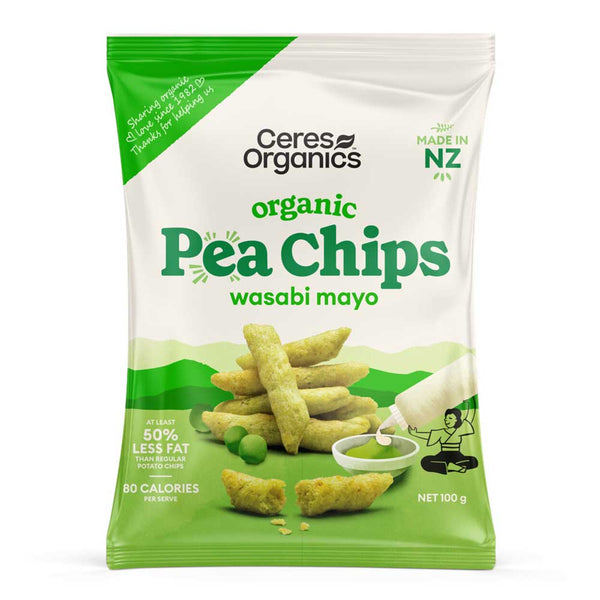 Packaging of Ceres Organics organic pea chips wasabi mayo on a white background