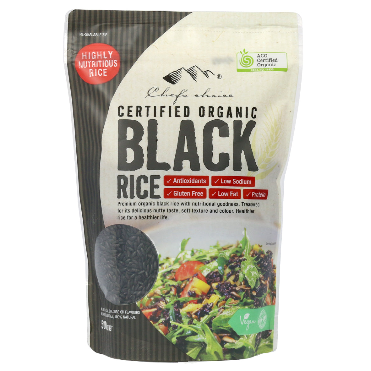 Package of certified organic black rice with nutritional information on a white background