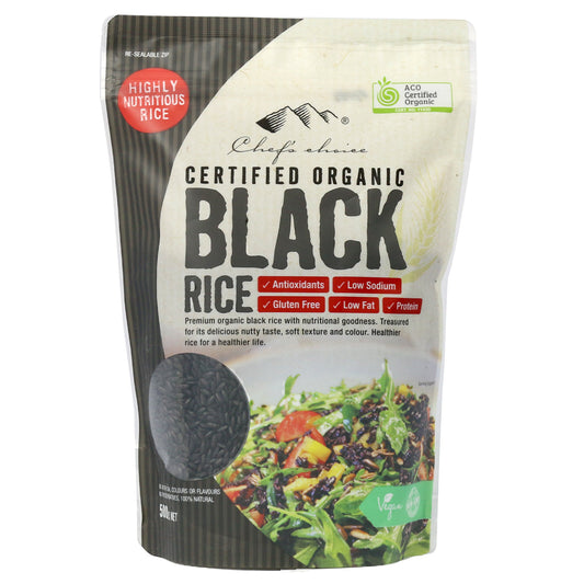Package of certified organic black rice with nutritional information on a white background