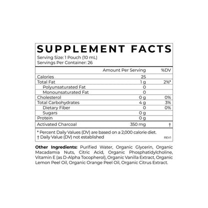 Supplement facts label with detailed nutritional information on a white background