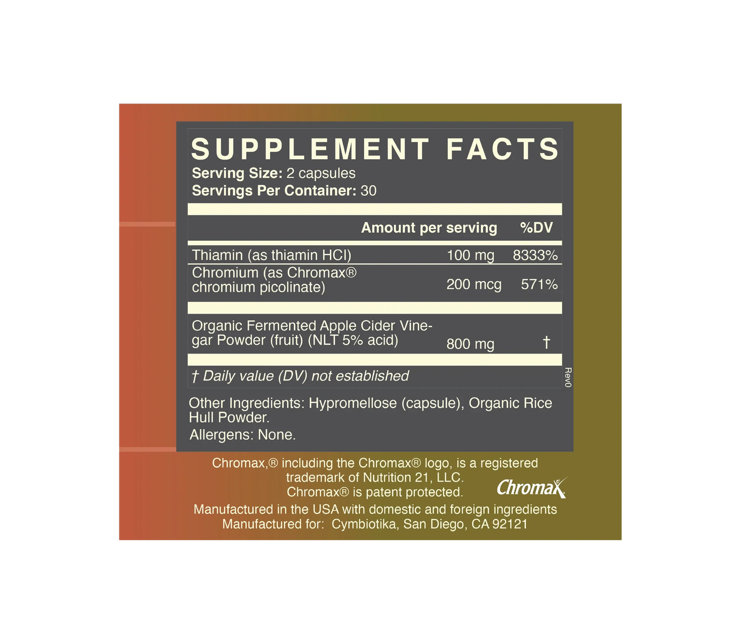 Supplement facts label with detailed nutritional information of cymbiotika ACV capsules on a white background