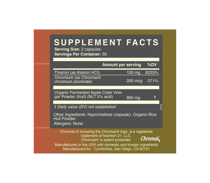 Supplement facts label with detailed nutritional information of cymbiotika ACV capsules on a white background