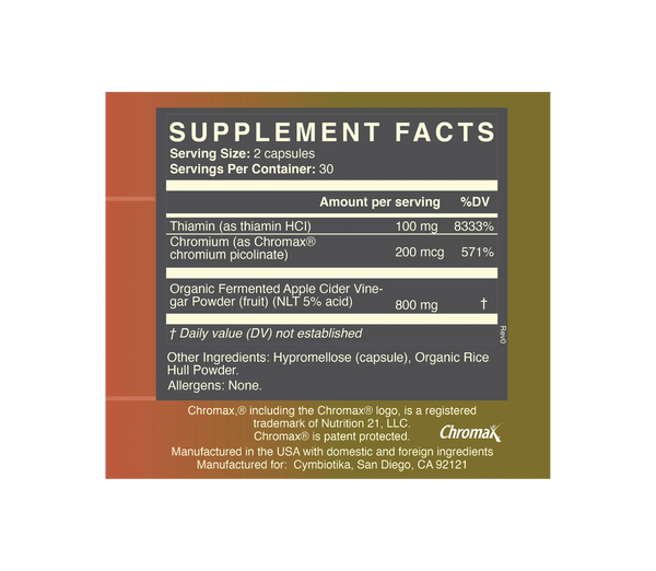 Supplement facts label with detailed nutritional information of cymbiotika ACV capsules on a white background
