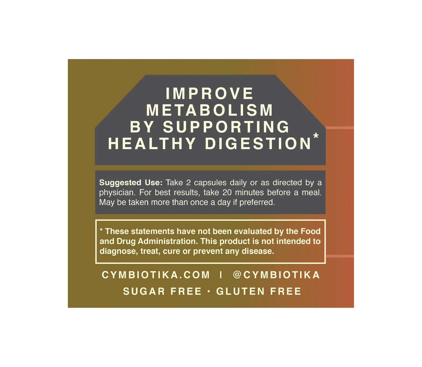 Product label for Cymbiotika ACV capsules with text about improving metabolism and supporting healthy digestion.