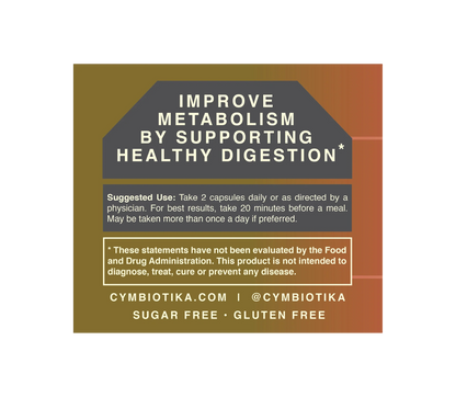 Product label for Cymbiotika ACV capsules with text about improving metabolism and supporting healthy digestion.