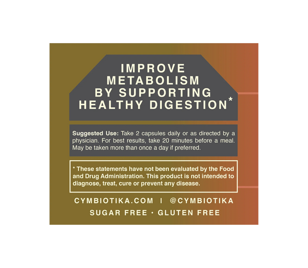 Product label for Cymbiotika ACV capsules with text about improving metabolism and supporting healthy digestion.