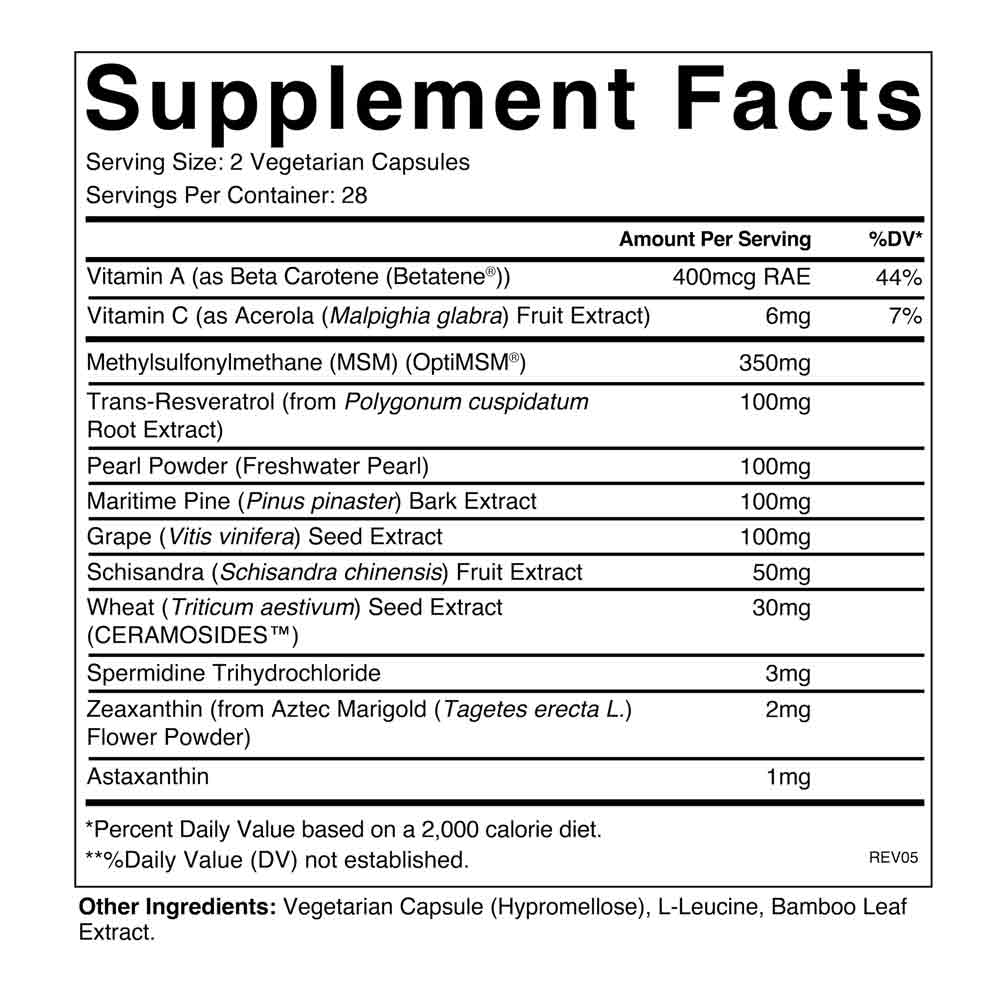 Supplement facts label with various vitamins and minerals listed on a white background