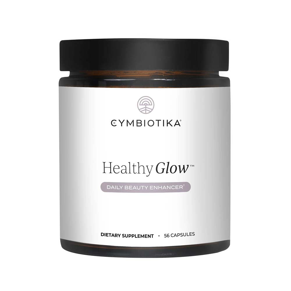 Cymbiotika Healthy Glow dietary supplement jar on a white background