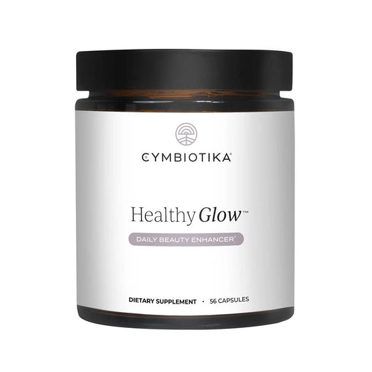 Cymbiotika Healthy Glow dietary supplement jar on a white background