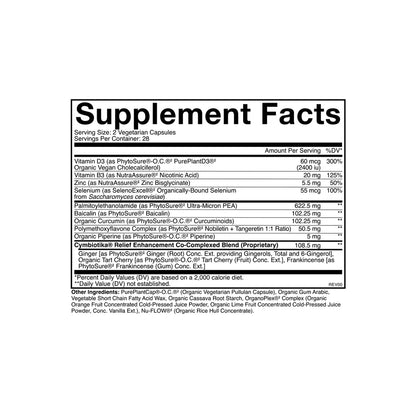 Supplement facts label of cymbiotika inflammatory health on a white background.