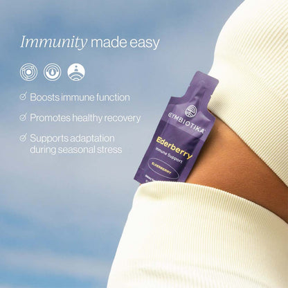 Cymbiotika Elderberry immune support product with text on a blue background