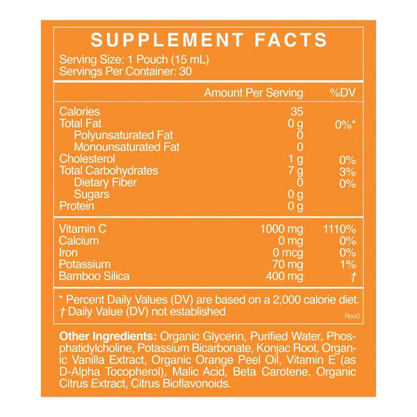 Supplement facts label with orange background and white text