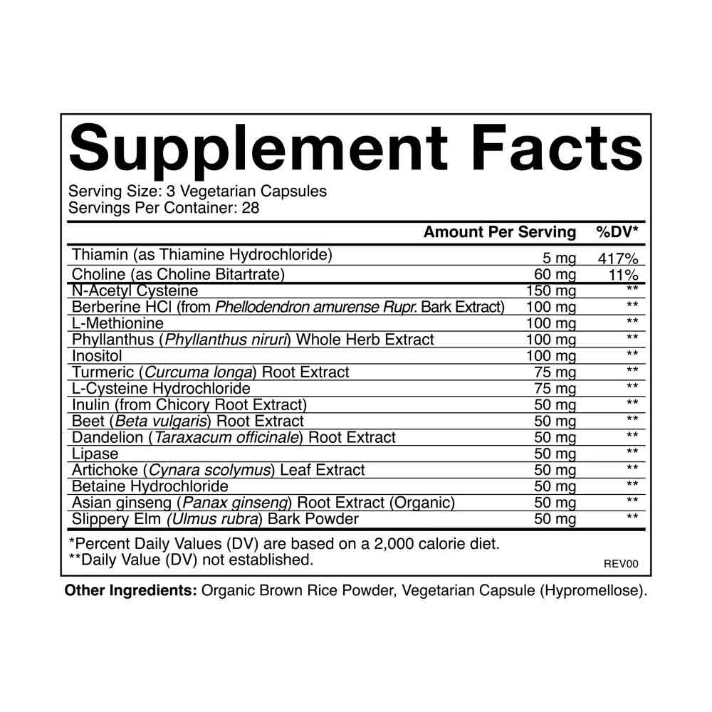 Supplement facts label with detailed ingredient list on a white background