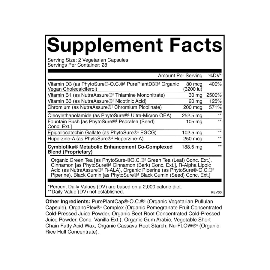 Supplement facts label with detailed nutritional information of cymbiotika metabolic health on a white background