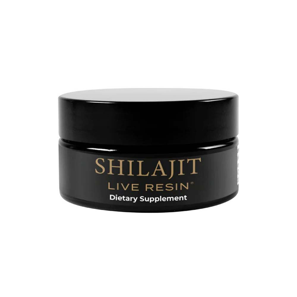 Black container of Shilajit Live Resin dietary supplement on a white background