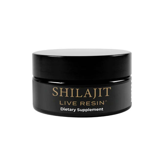 Black container of Shilajit Live Resin dietary supplement on a white background