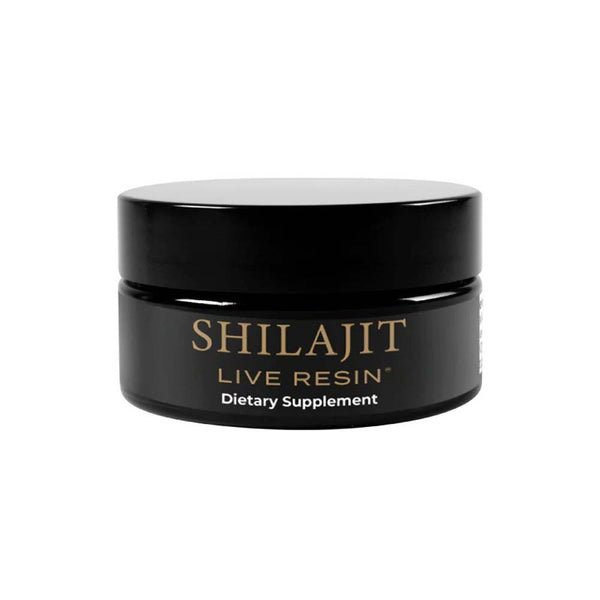 Black container of Shilajit Live Resin dietary supplement on a white background