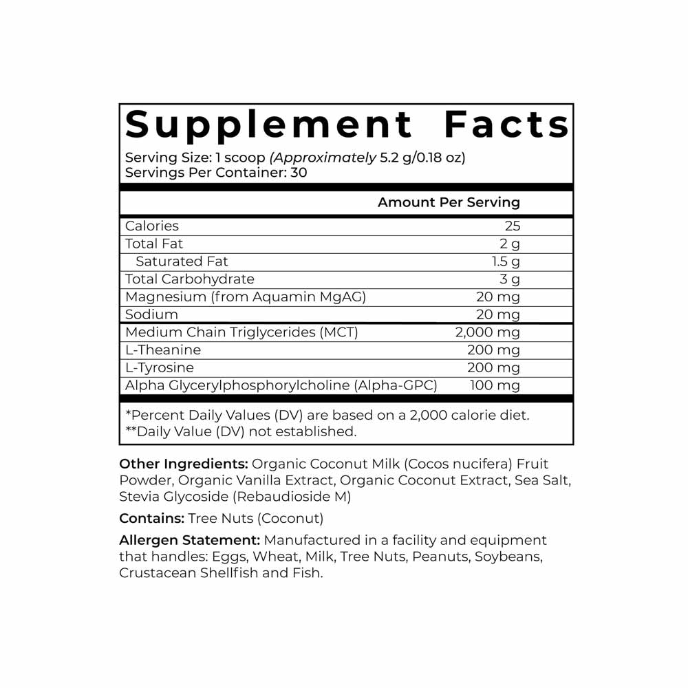 Supplement facts label with nutritional information on a white background