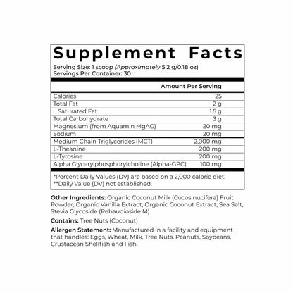 Supplement facts label with nutritional information on a white background