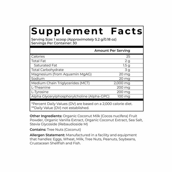 Supplement facts label with nutritional information on a white background