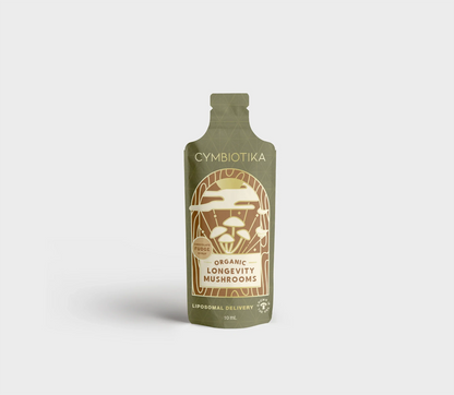 Cymbiotika bottle of organic longevity mushrooms on a light gray background