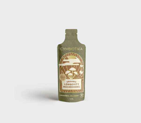 Cymbiotika bottle of organic longevity mushrooms on a light gray background