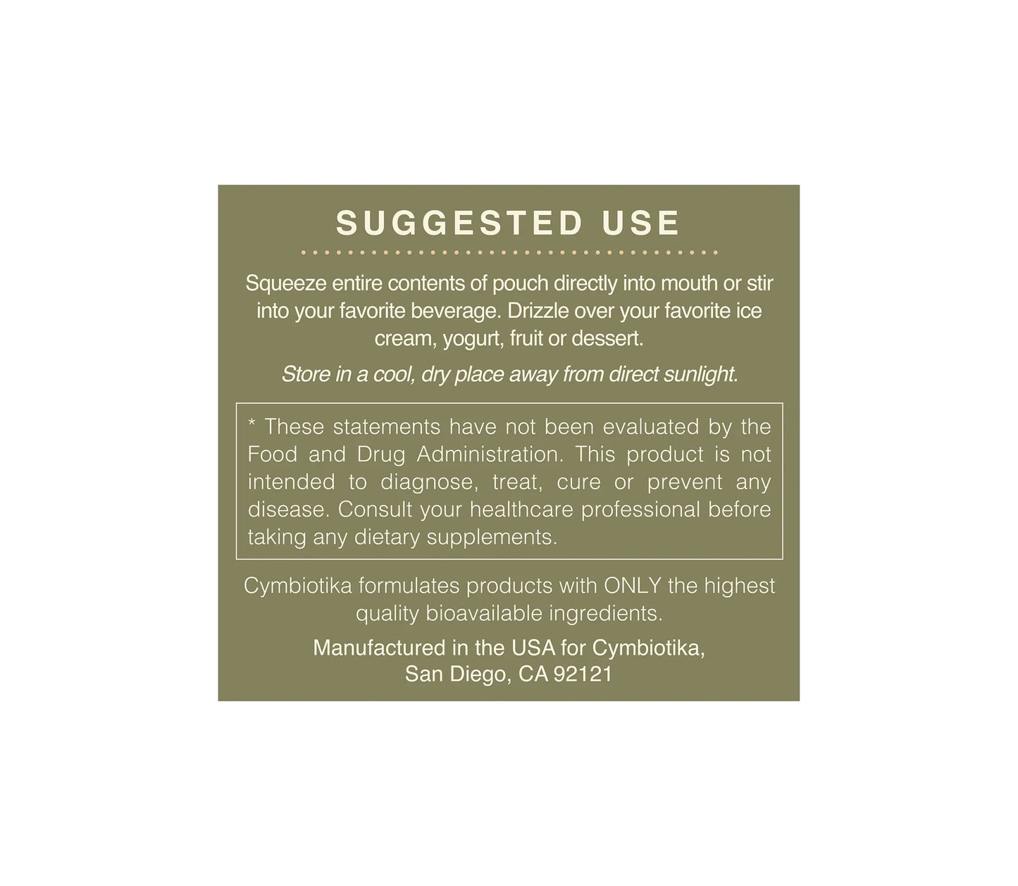 Product label with suggested use and manufacturing information on a white background