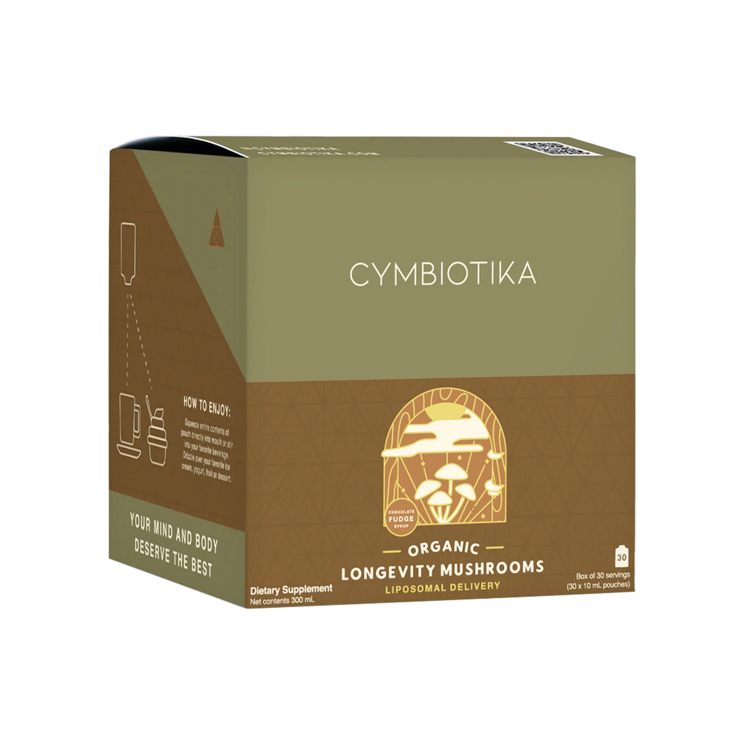Cymbiotika organic longevity mushrooms dietary supplement box on a white background