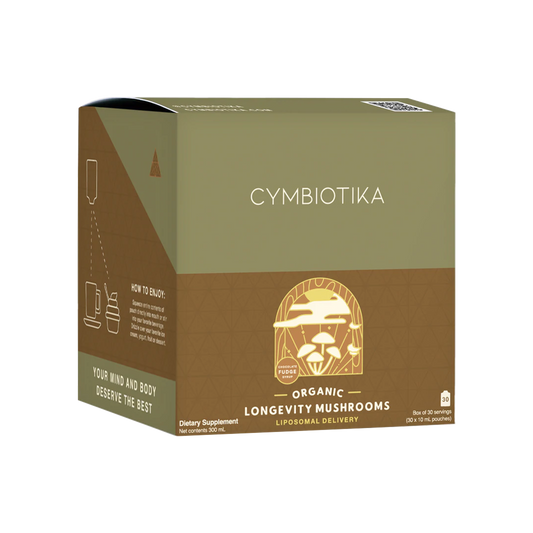 Cymbiotika organic longevity mushrooms dietary supplement box on a white background