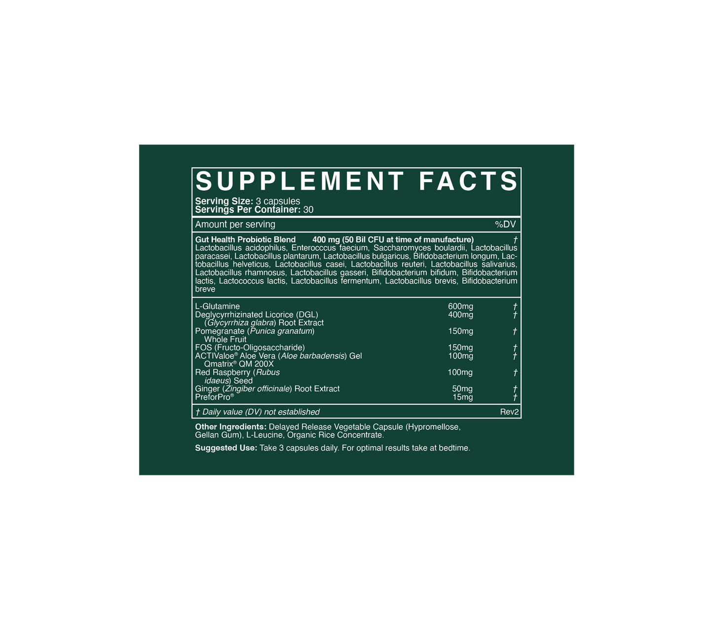 Supplement facts label of cymbiotika probiotic on a green background
