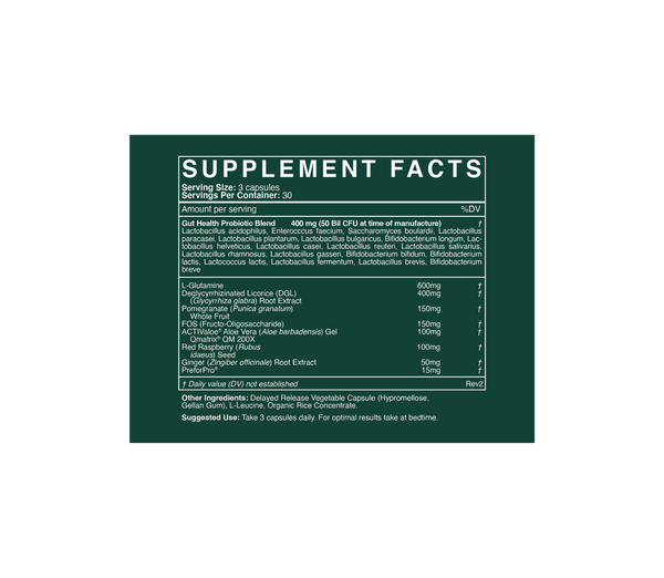 Supplement facts label of cymbiotika probiotic on a green background