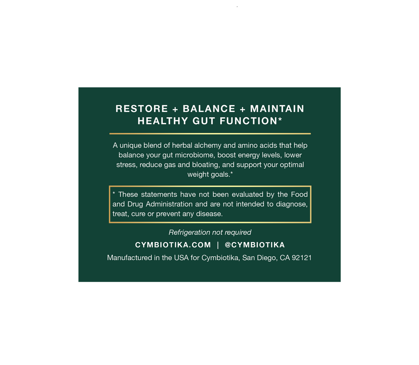 Product label for Cymbiotika gut health supplement with text on a green background