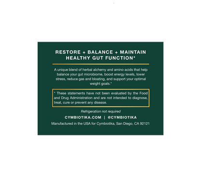 Product label for Cymbiotika gut health supplement with text on a green background
