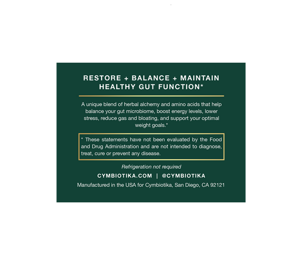 Product label for Cymbiotika gut health supplement with text on a green background