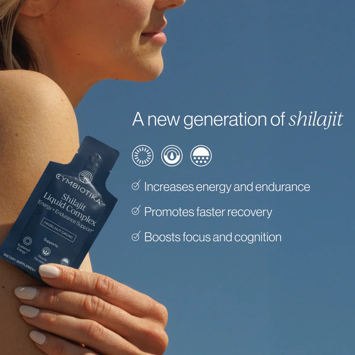 Woman holding a bottle of Cymbotika Shilajit Liquid Complex with text about its benefits on a blue background