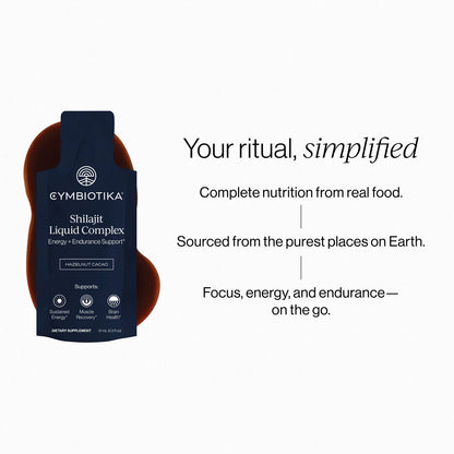 Cymbiotika Shilajit Liquid Complex supplement bottle with promotional text on a white background