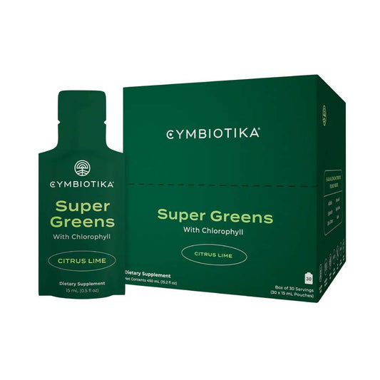 Gymbiotika Super Greens dietary supplement packaging on a white background