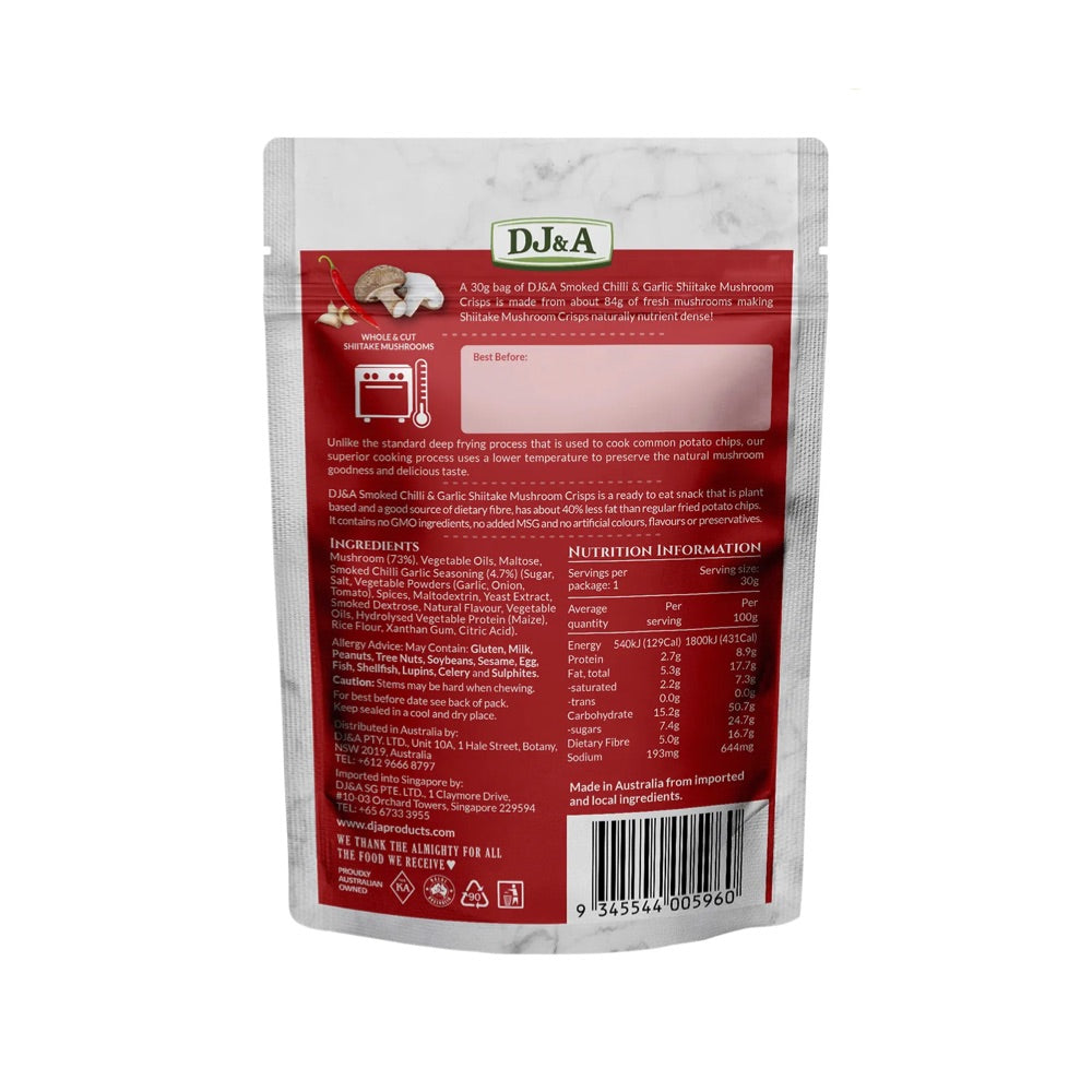 DJ&A Shiitake Mushroom Crisps Smoked Chilli & Garlic - 12x30g