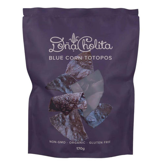 Purple bag of Dona Cholita Blue Corn Totopos on a white background