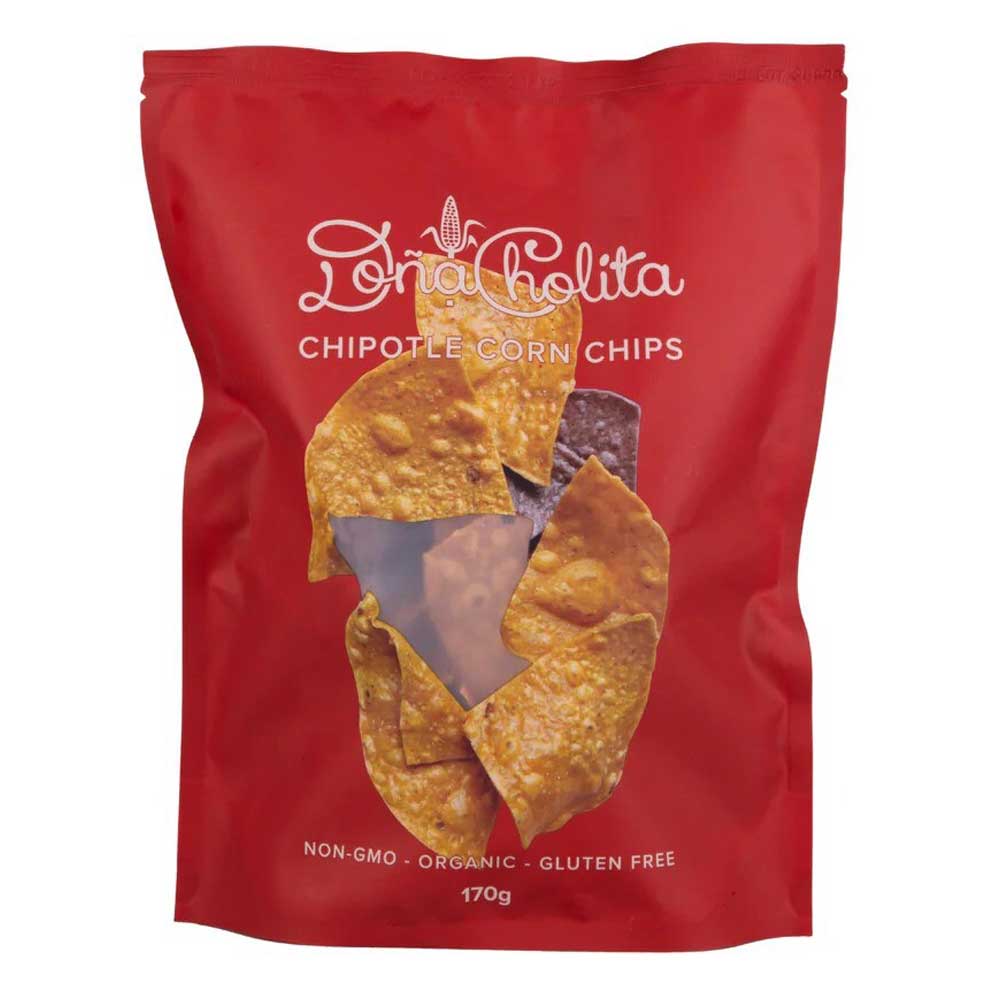 Red bag of Dona Cholita chipotle corn chips on a white background