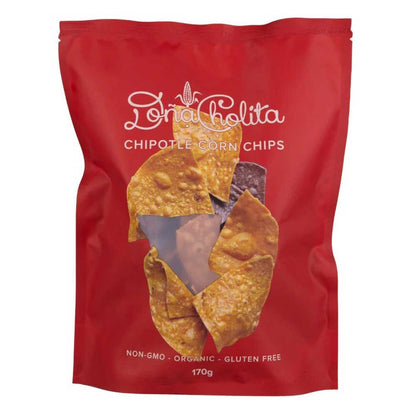 Red bag of Dona Cholita chipotle corn chips on a white background