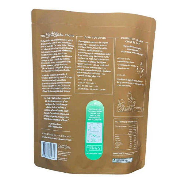 Back view of dona cholita white corn chips with text and a nutrition label on a white background