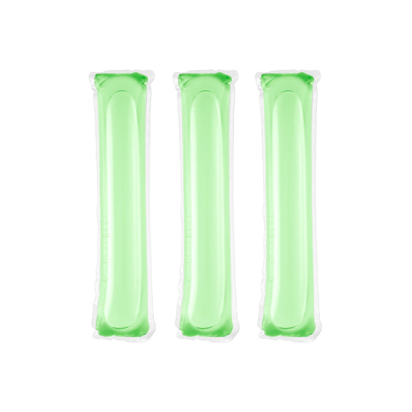 Three green rectangular ecyo antibacterial cleaning refilll pods on a white background