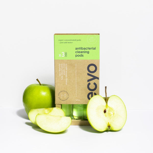 Ecyo antibacterial cleaning pods packaging with green apples on a white background