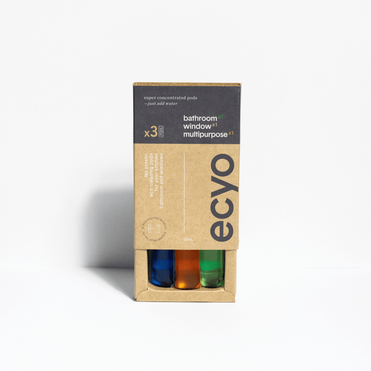 Ecyo eco-friendly cleaning product packaging with three bottles inside on a white background